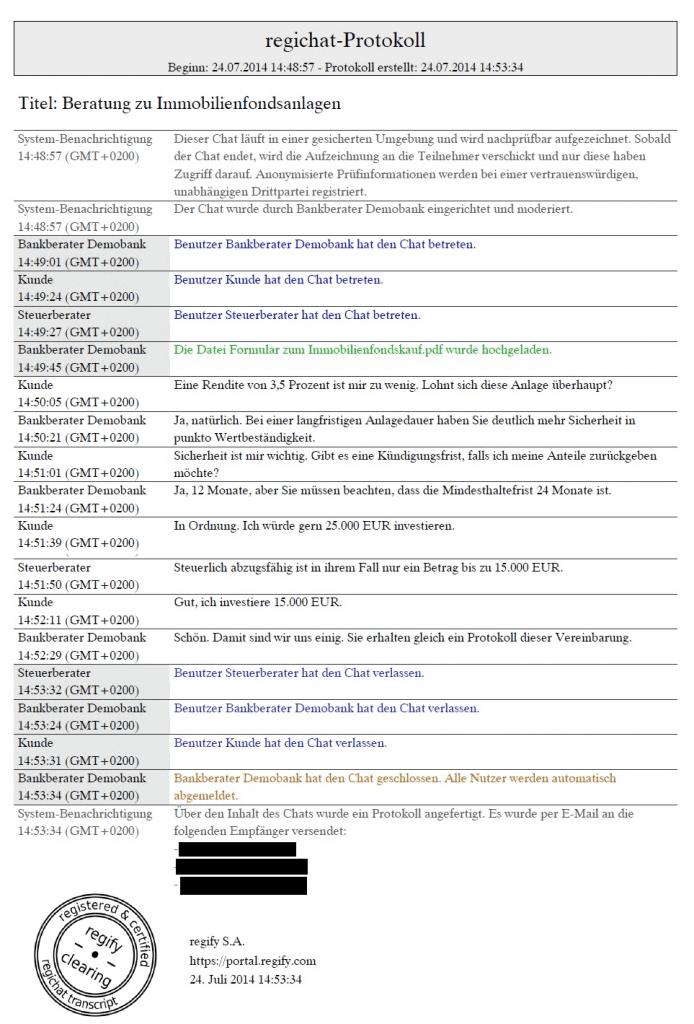 Verschlüsseltes Protokoll des Chatverlaufs. Quelle: regify