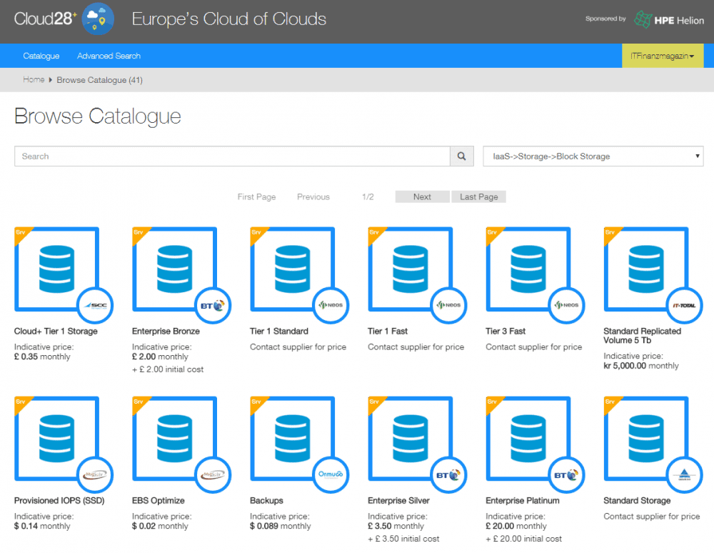 Services lassen sich per Kategorie (hier: Iaas/Block Storage) oder per Suchfunktion auswählenCloud28+