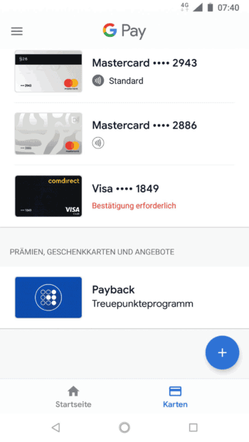 Die Karten in der Google Pay-Wallet