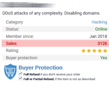 Erpressung per DDoS ist ein kriminelles Angebot, dass nahezu jeder im Deep-Web bestellen kann. In diesem 'Shop' wurde es schon über 3.100mal verkauft - mit 'Käuferschutz' ...