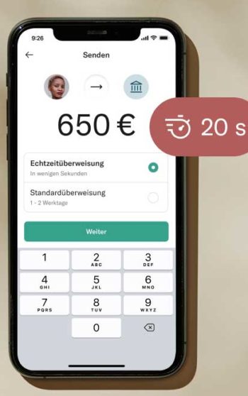 SCT/Inst - bzw. Echtzeitüberweisung - dauert 10 Sekunden. N26 bewirbt 20 Sekunden.