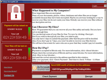 Ransomware WannaCry aus dem Jahr 2017<q>Wikipedia/ CC BY-SA 4.0/ http://thegear.co.kr/14501