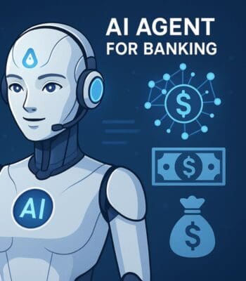 Das Bild zeigt einen humanoiden Roboter mit Headset, der als „AI Agent for Banking“ bezeichnet wird. Thema sind KI-Agenten der Firma Acuity Knowledge Partners. Im Hintergrund sind Symbole für Geld und Finanznetzwerke abgebildet. Der Fokus liegt auf der Integration von KI im Bankwesen.