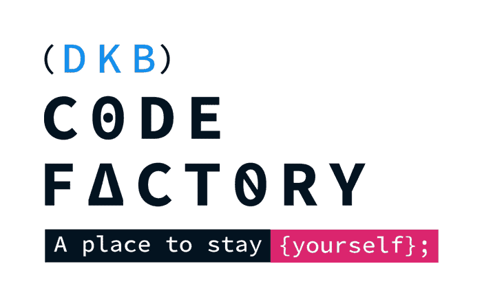 Das Bild zeigt das Logo der „DKB Code Factory“. Es besteht aus verschiedenen typografischen Elementen und Symbolen. Der Slogan „A place to stay {yourself};“ ist in einer auffälligen Schriftart dargestellt. Der Kontext deutet auf einen kreativen Raum hin, möglicherweise für technologische oder kreative Projekte. Das Unternehmen setzt sich für Geschlechtergerechtigkeit ein.