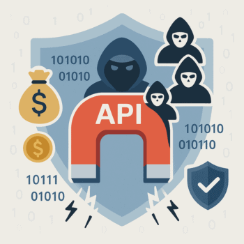 Das Bild zeigt eine stilisierte Darstellung eines Magneten, der das Wort „API“ trägt. Um den Magneten sind schematische Figuren in Kapuzenpullis abgebildet, die als Bedrohung wahrgenommen werden. Zusätzlich sind Symbole für Geld und Binärcode zu sehen, was auf Cyberkriminalität hinweist. (Finanz-)APIs sind ein Magnet für Cybergangster – Mythos oder Realität? - Beitrag von Eric Funke