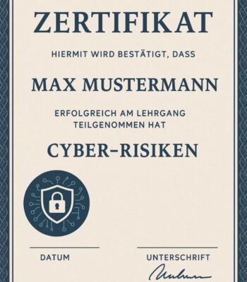 Das Bild zeigt ein Zertifikat, das bestätigt, dass Max Mustermann erfolgreich am Lehrgang „Cyber-Risiken“ teilgenommen hat. Es enthält die Überschrift „Zertifikat“, das Datum und eine Unterschrift. Zudem ist ein grafisches Element mit einem Schloss und Schaltkreisen abgebildet.