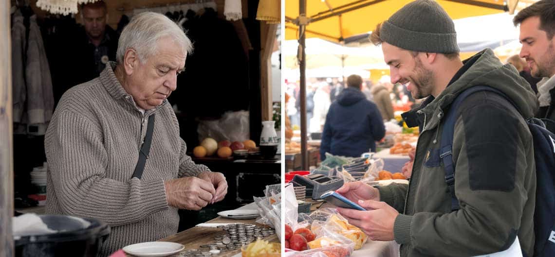 Zwei Personen an einem Marktstand, eine ältere Person zählt Münzen, während ein junger Mann bargeldlos mit einem Smartphone bezahlt. Diese Szene verdeutlicht den Wandel von Cash zu bargeldlosen Zahlungsmethoden in Deutschland.