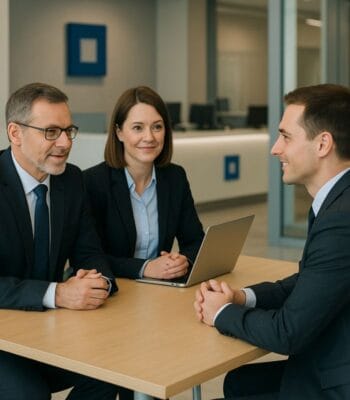 Drei Personen in formeller Kleidung sitzen an einem Tisch. Zwei Personen, ein Mann und eine Frau, blicken freundlich auf einen dritten Mann, der ihnen gegenüber sitzt. Auf dem Tisch befindet sich ein Laptop. Die Umgebung wirkt modern und professionell, passend zur Rekrutierungskampagne von Revol